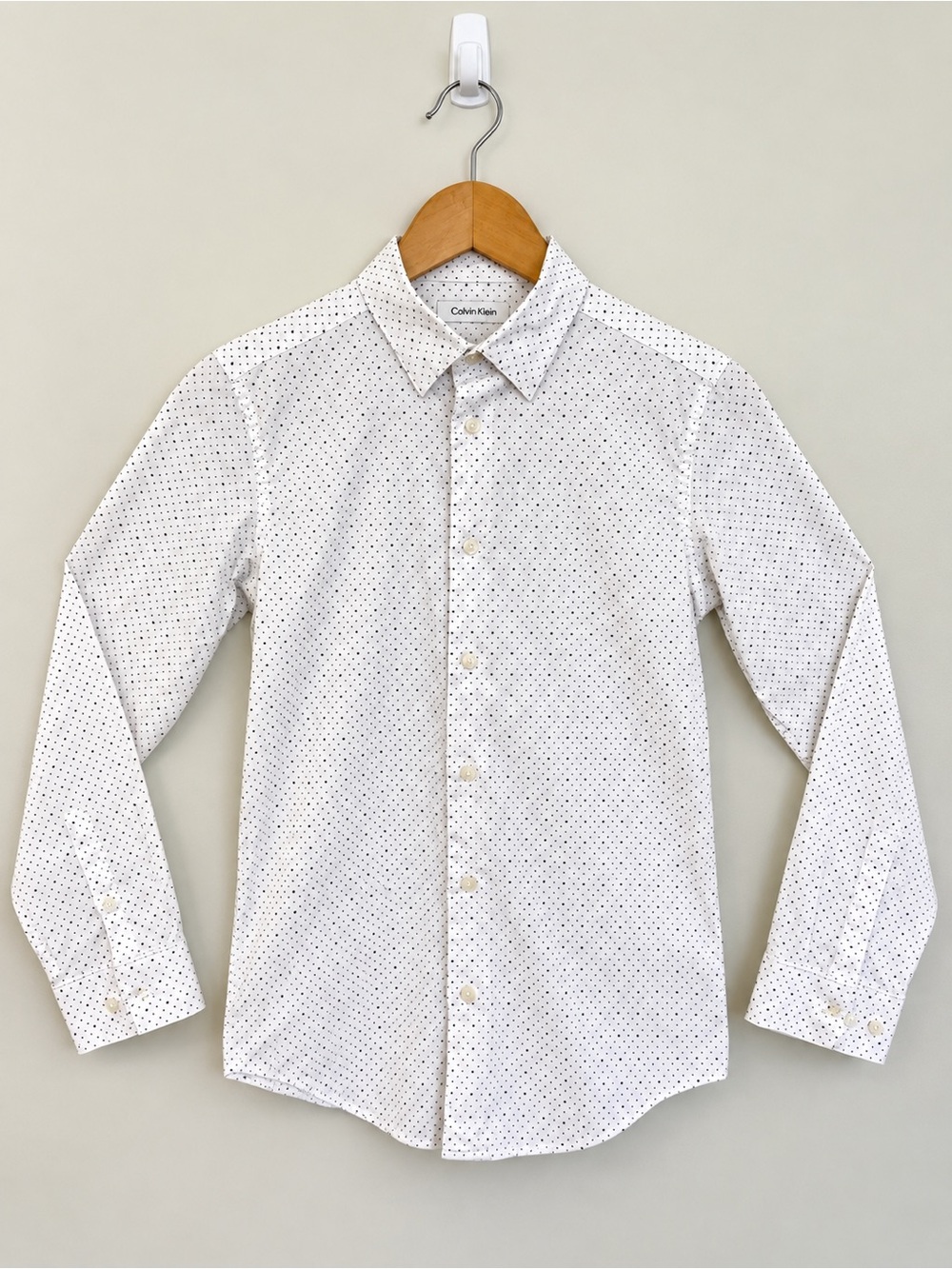 Calvin Klein Boys Size 14 Slim Fit Stretch Button Down Shirt White Micro Print